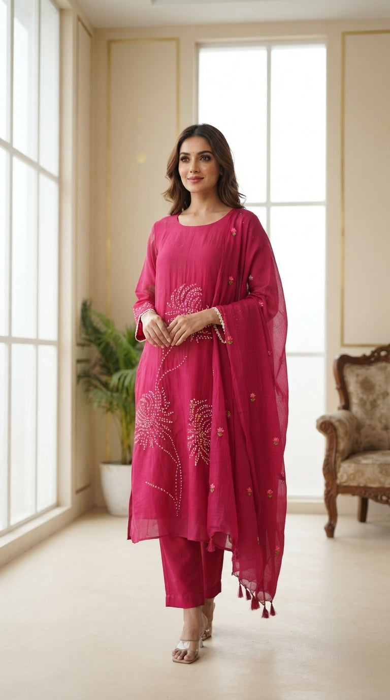 Women Pink Embroidered Chanderi Kurta Pant Dupatta