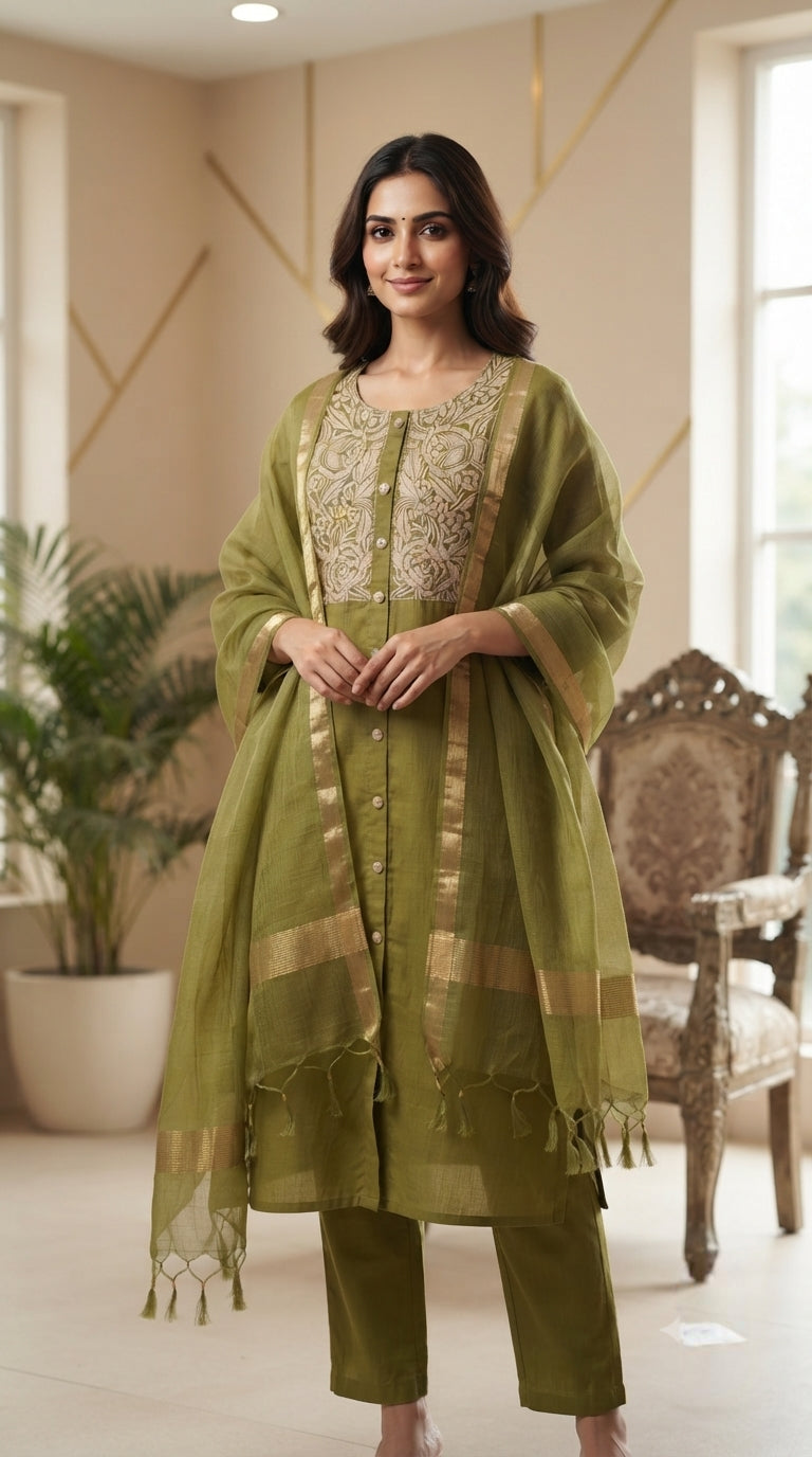 Women Green Embroidered Cotton Kurta Pant Dupatta
