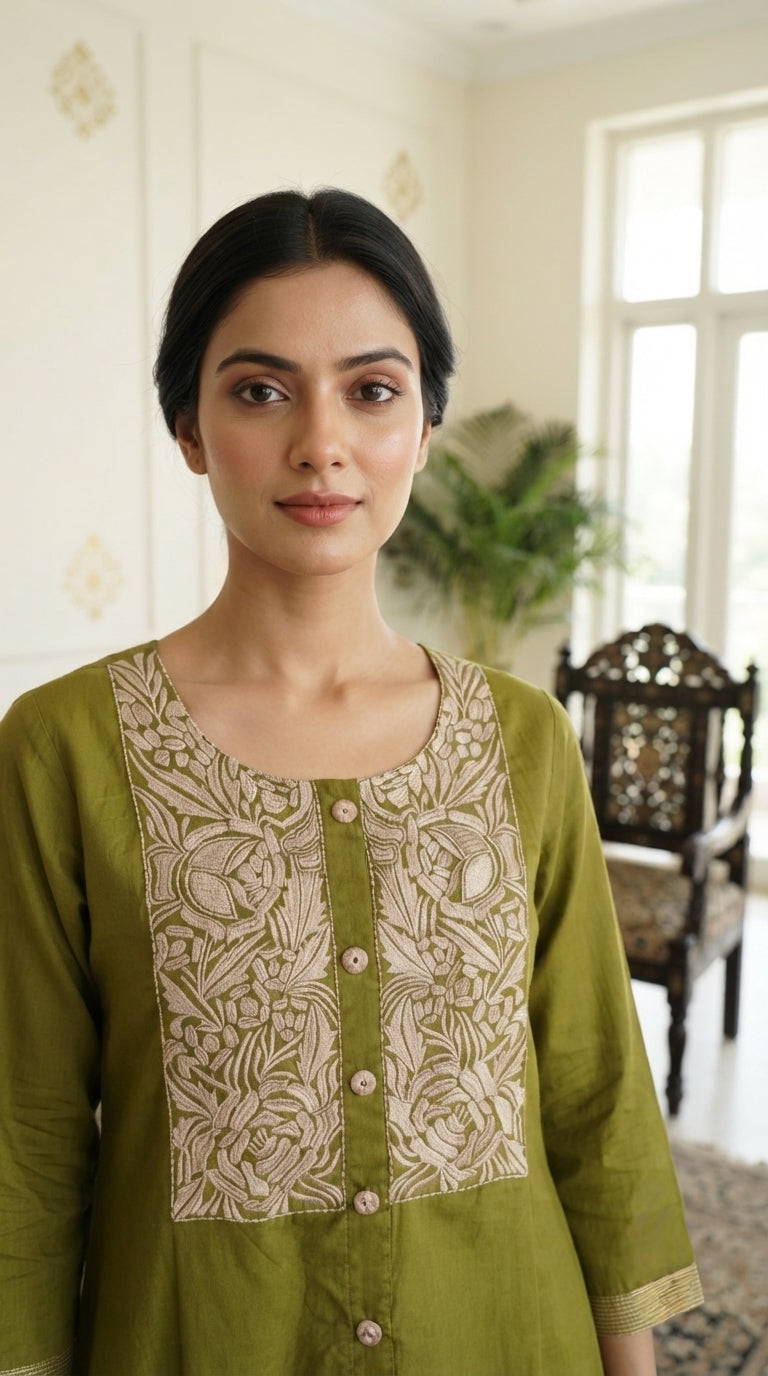 Women Green Embroidered Cotton Kurta Pant Dupatta