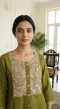 Women Green Embroidered Cotton Kurta Pant Dupatta