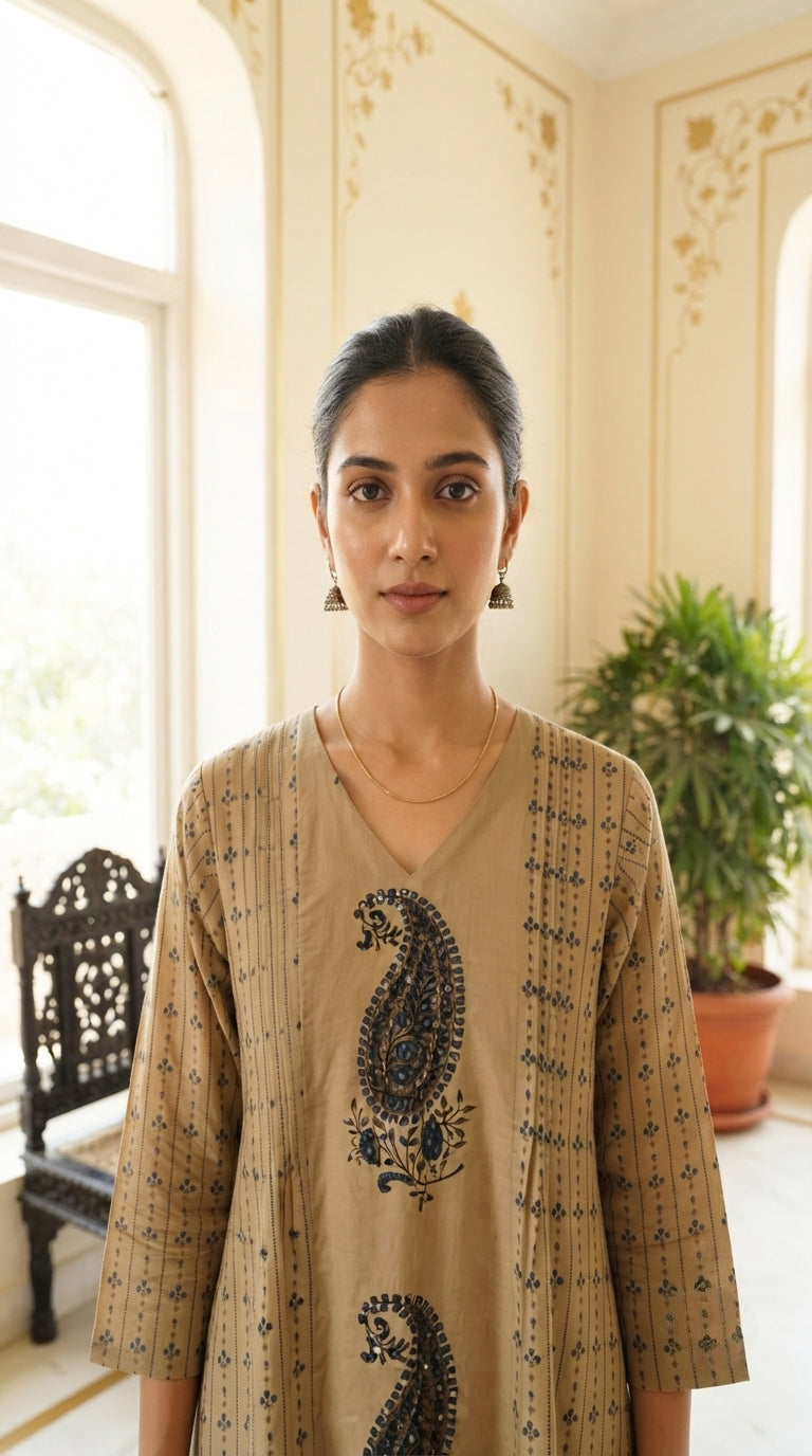 Women Beige Printed Cotton Kurta Pant Dupatta