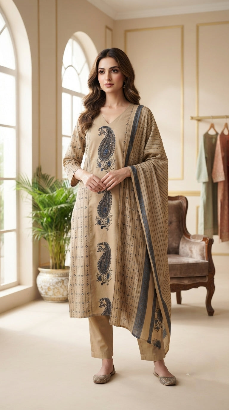 Women Beige Printed Cotton Kurta Pant Dupatta