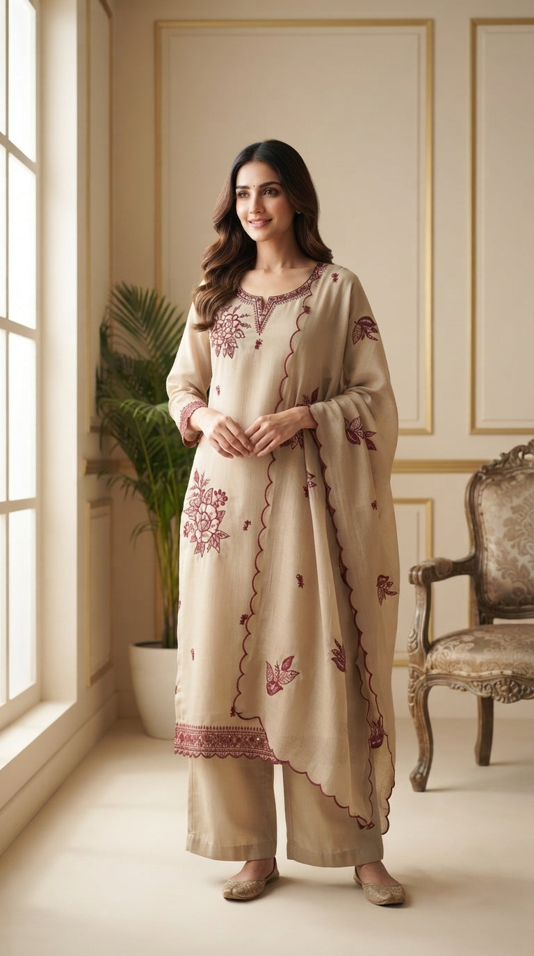 Women Beige Embroidered Chanderi Kurta Pant Dupatta