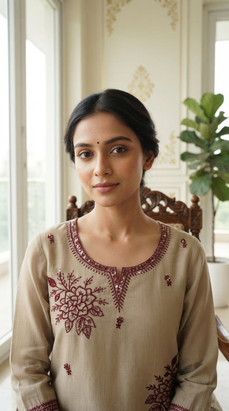 Women Beige Embroidered Chanderi Kurta Pant Dupatta