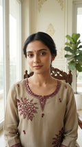 Women Beige Embroidered Chanderi Kurta Pant Dupatta