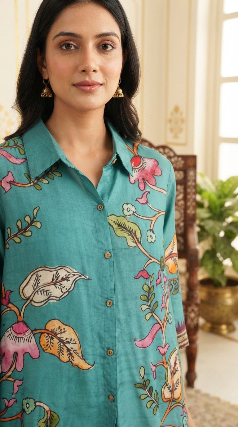 Women Blue Printed Silk Kurta Only