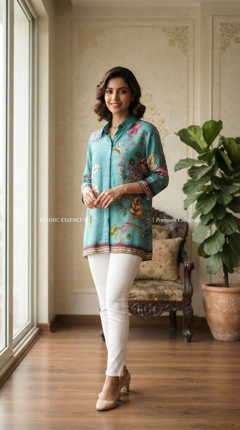 Women Blue Printed Silk Kurta Only