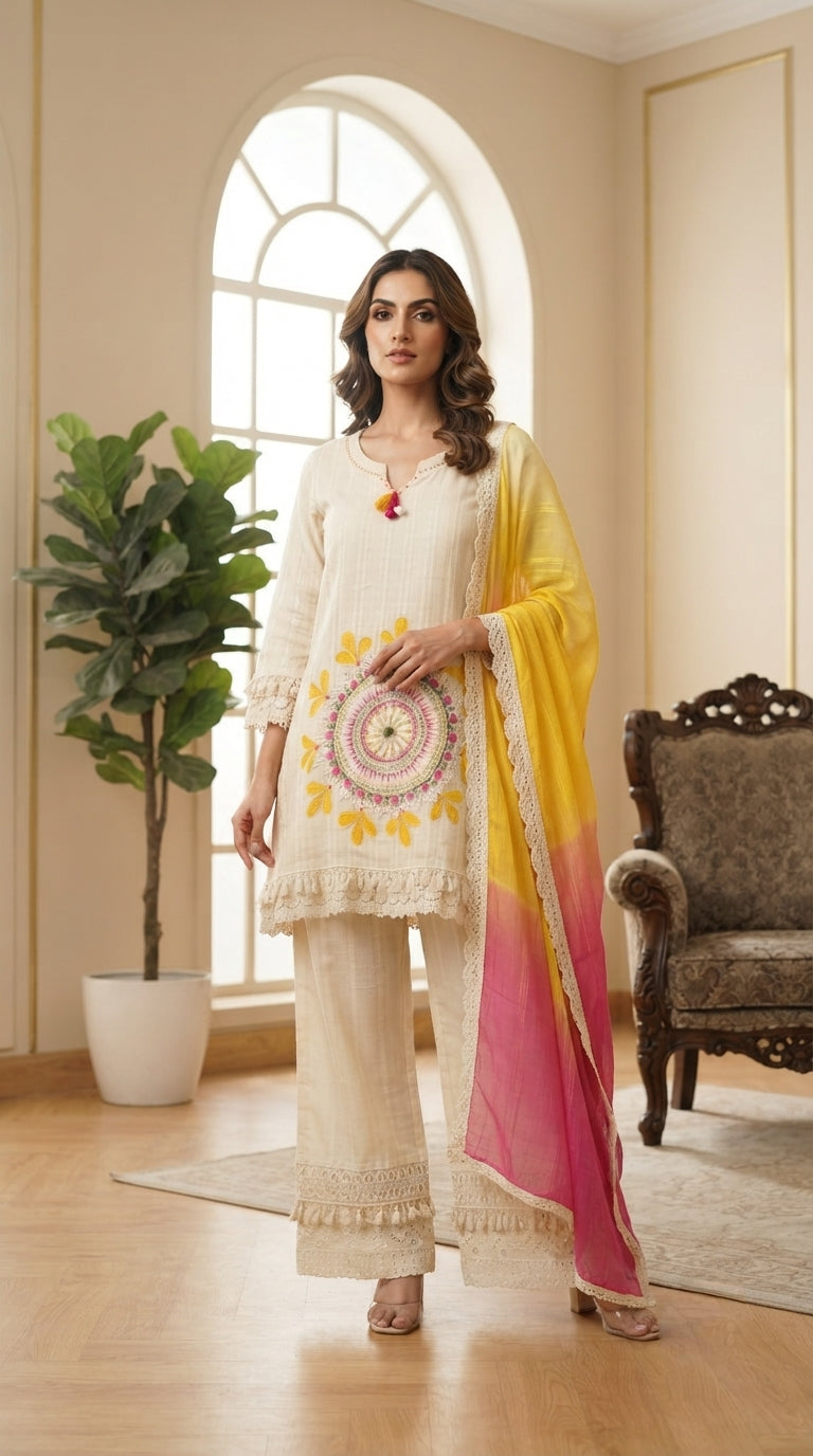 Women White Embroidered Cotton Kurta Pant Dupatta
