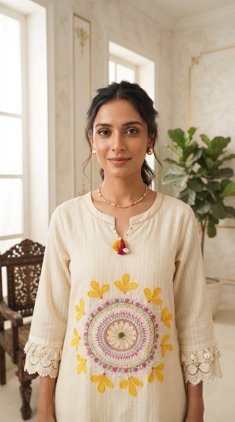 Women White Embroidered Cotton Kurta Pant Dupatta