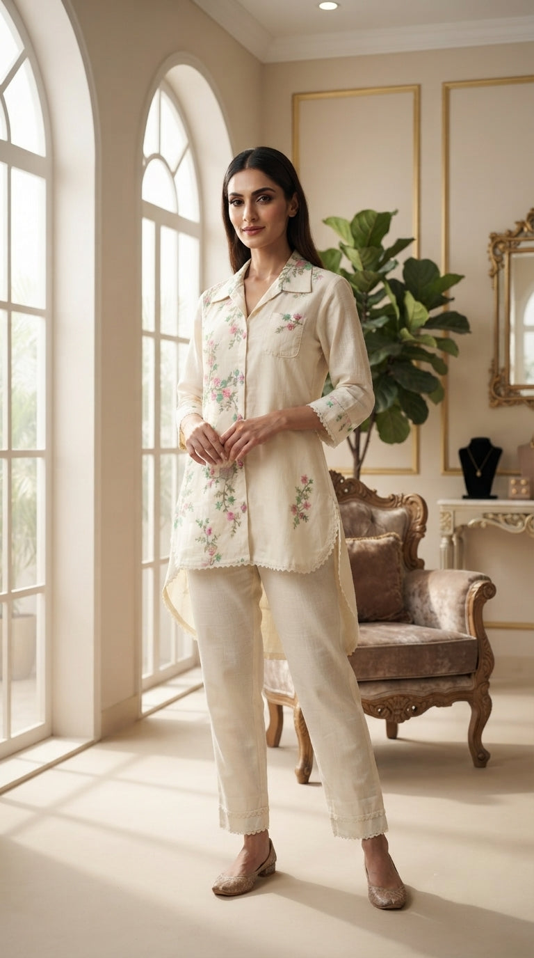 Women White Embroidered Cotton Top Bottom