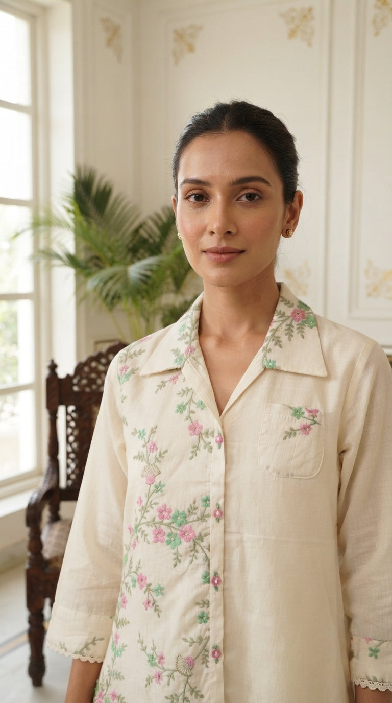 Women White Embroidered Cotton Top Bottom