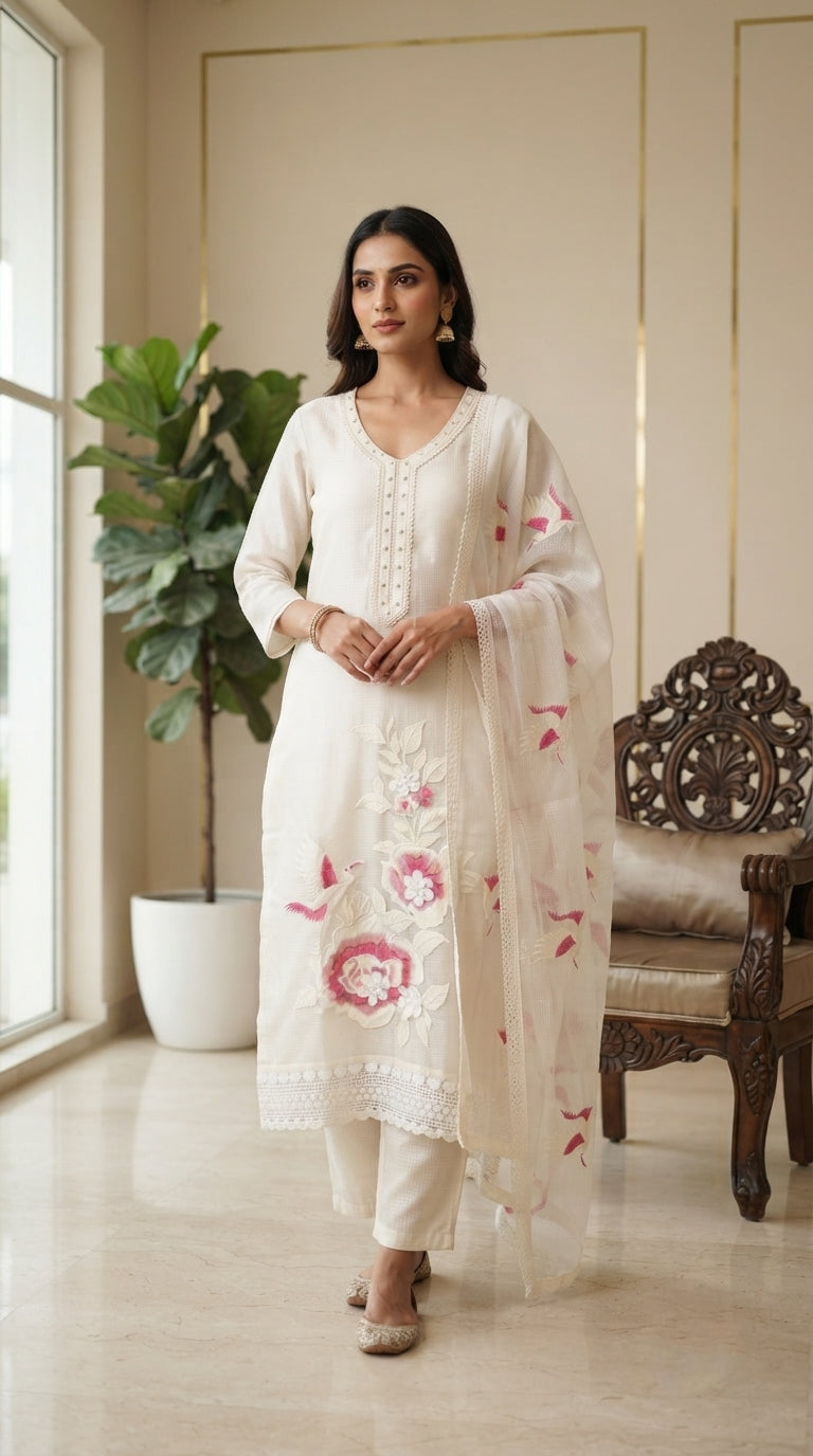 Women White Embroidered Chanderi Kurta Pant Dupatta