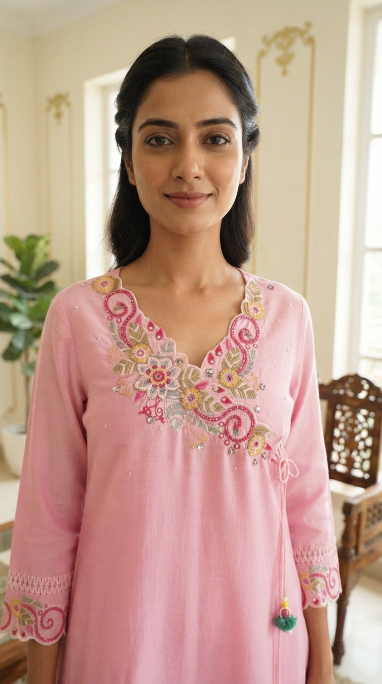 Women Pink Embroidered Cotton Kurta Pant Dupatta