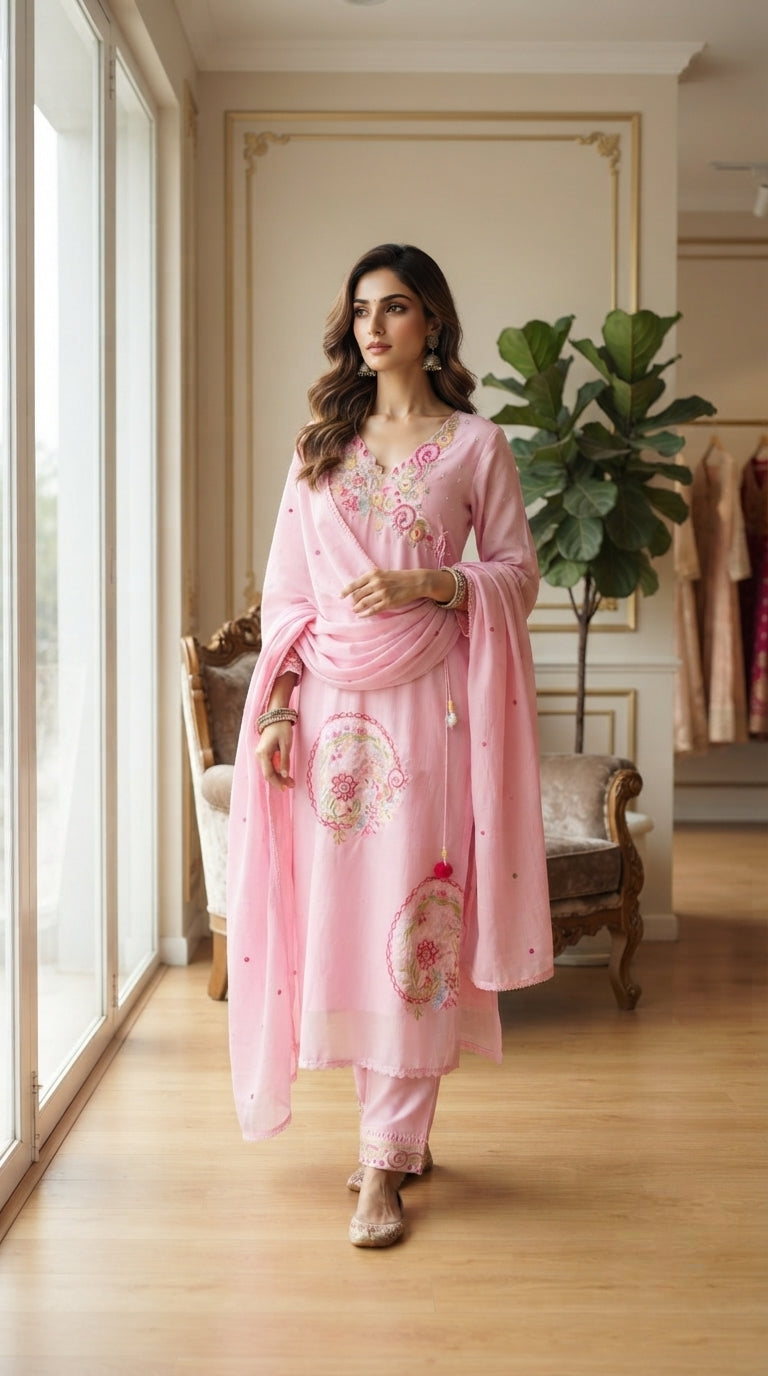 Women Pink Embroidered Cotton Kurta Pant Dupatta