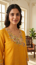 Women Yellow Embroidered Cotton Kurta Pant Dupatta
