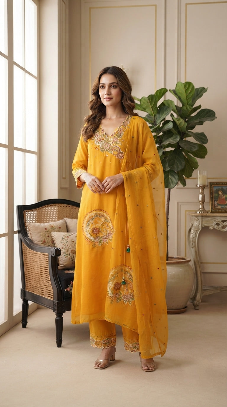 Women Yellow Embroidered Cotton Kurta Pant Dupatta