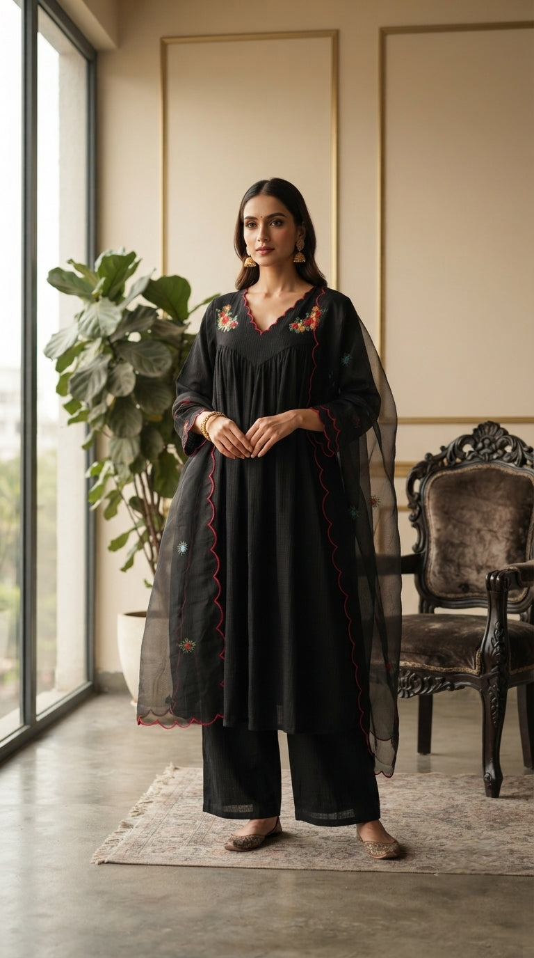Women Black Embroidered Cotton Kurta Pant Dupatta