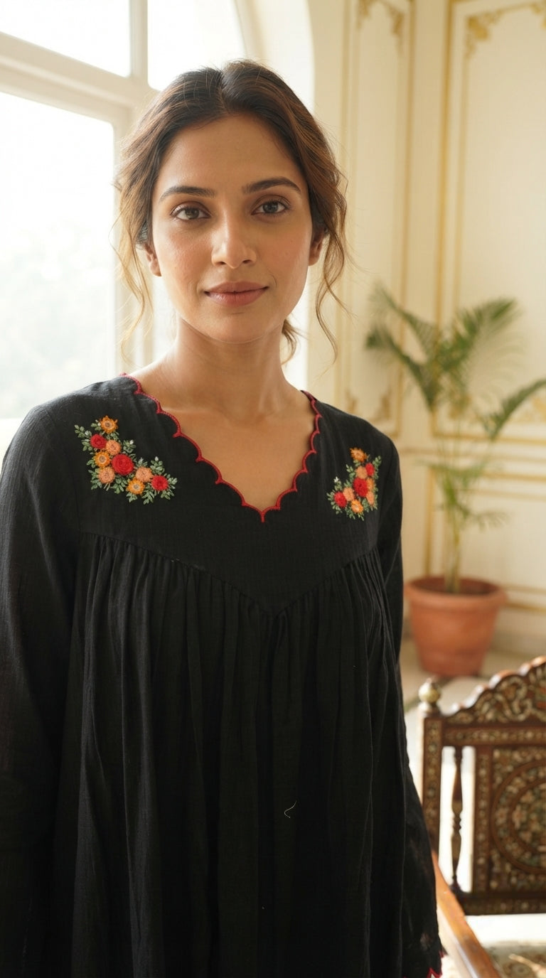 Women Black Embroidered Cotton Kurta Pant Dupatta