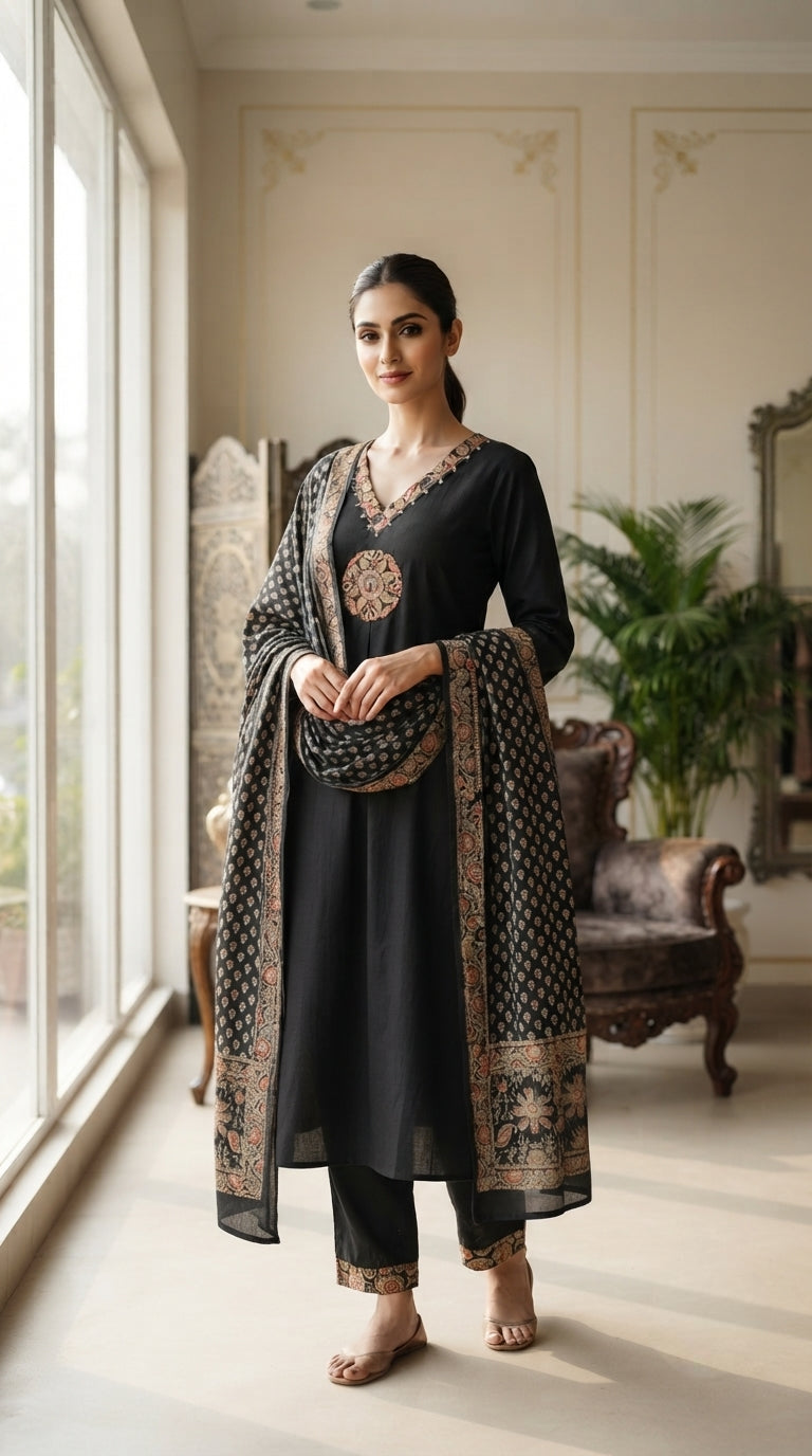 Women Black Geometric Cotton Kurta Pant Dupatta