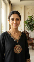 Women Black Geometric Cotton Kurta Pant Dupatta
