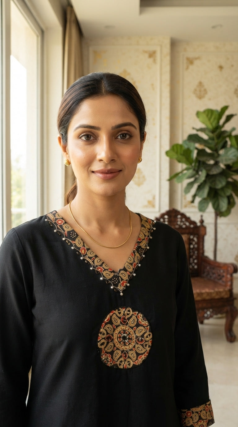 Women Black Geometric Cotton Kurta Pant Dupatta