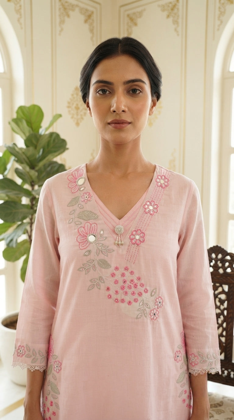 Women Pink Embroidered Chanderi Kurta Pant Dupatta