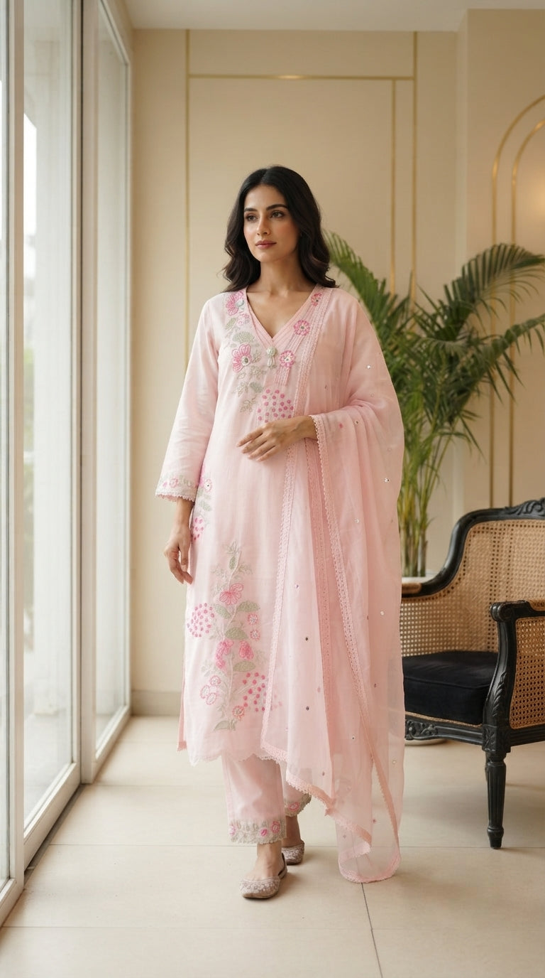 Women Pink Embroidered Chanderi Kurta Pant Dupatta