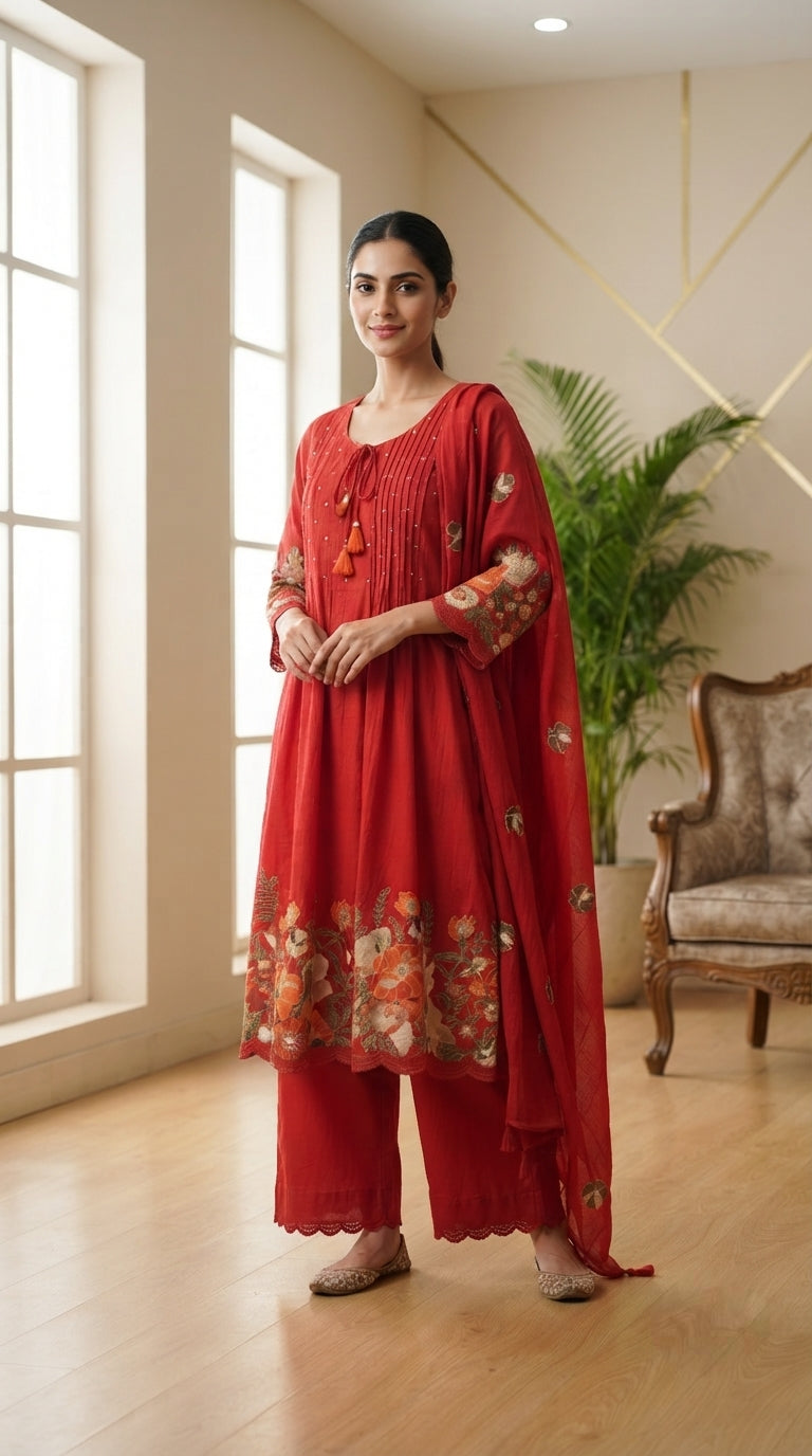 Women Rust Embroidered Chanderi Kurta Pant Dupatta