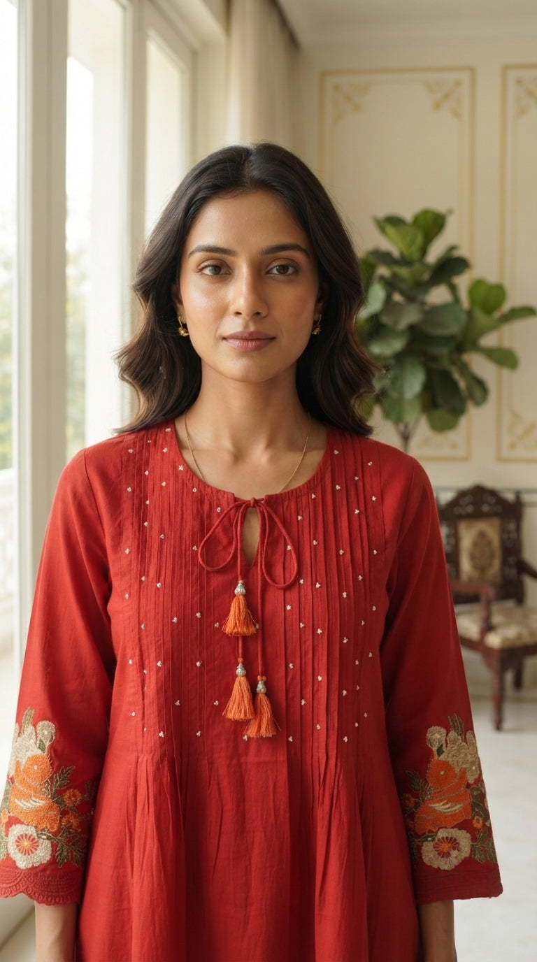 Women Rust Embroidered Chanderi Kurta Pant Dupatta