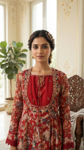 Women Red Floral Chiffon Kurta Pant Dupatta