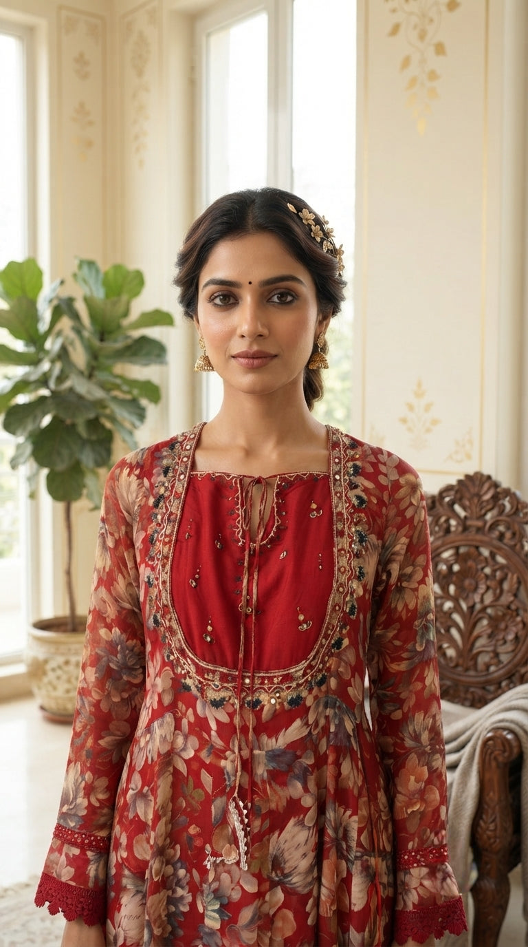 Women Red Floral Chiffon Kurta Pant Dupatta
