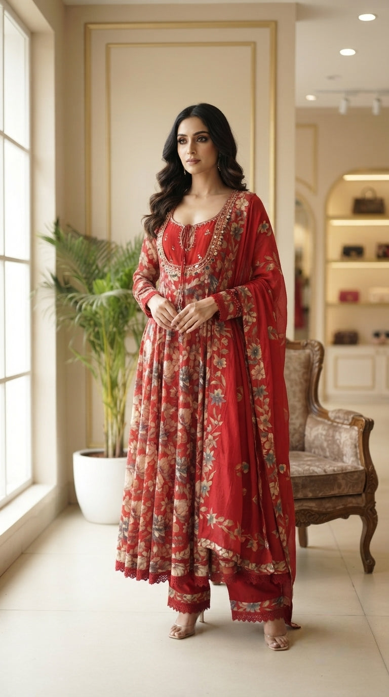 Women Red Floral Chiffon Kurta Pant Dupatta