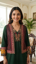 Women Green Embroidered Cotton Kurta Pant Dupatta