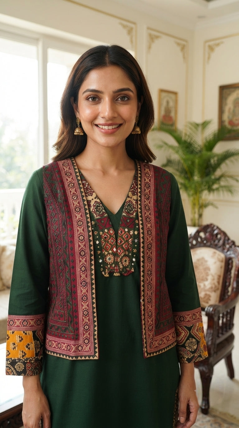 Women Green Embroidered Cotton Kurta Pant Dupatta