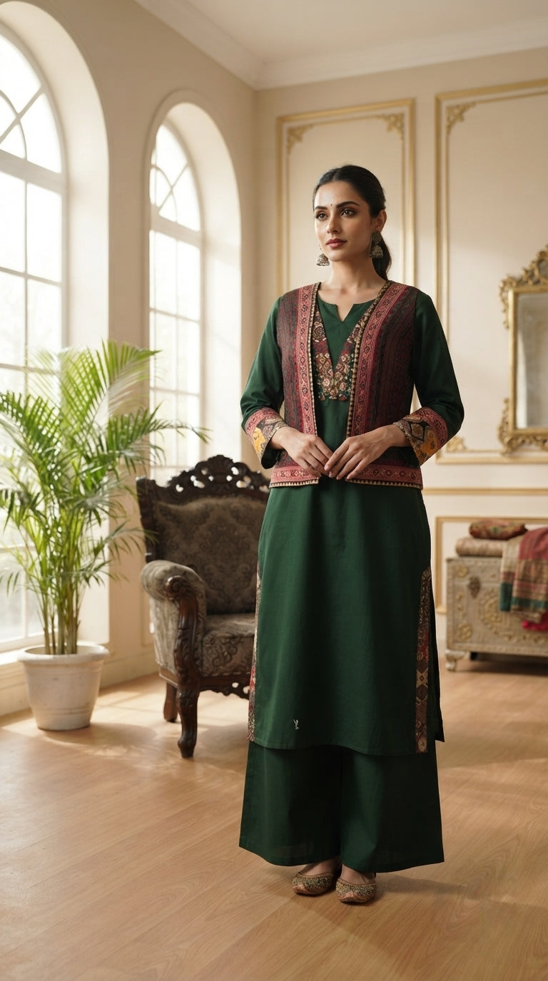 Women Green Embroidered Cotton Kurta Pant Dupatta