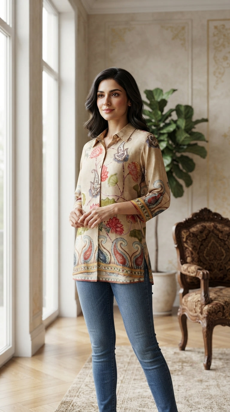 Women Beige Floral Cotton Kurta Only