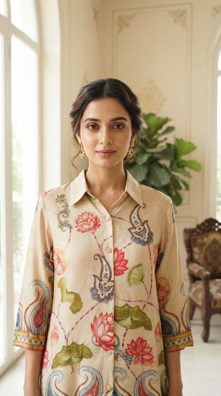 Women Beige Floral Cotton Kurta Only