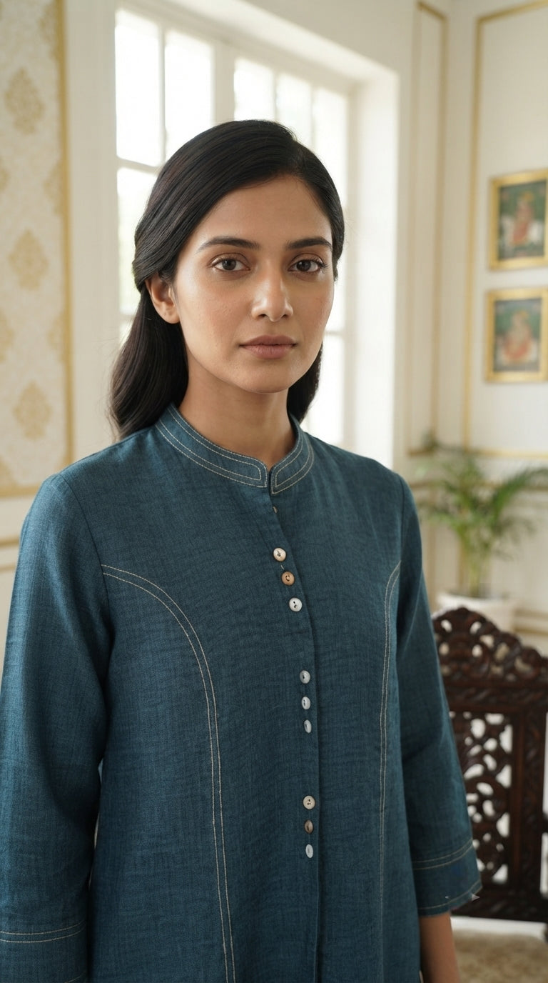 Women Blue Stripes Linen Top Bottom