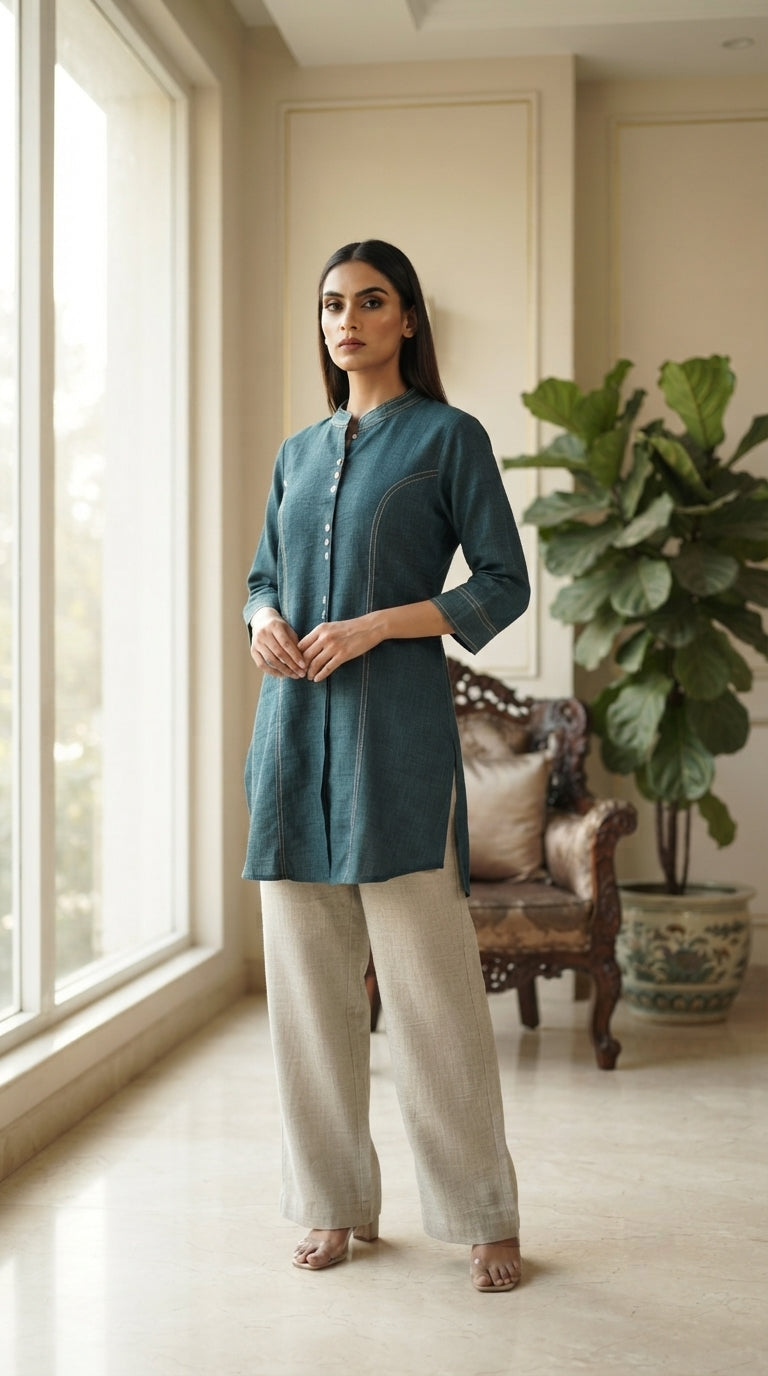 Women Blue Stripes Linen Top Bottom