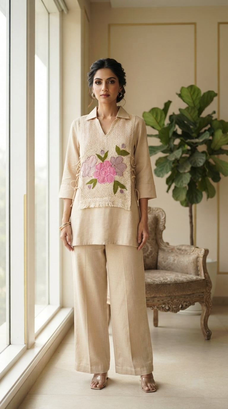 Women Beige Embroidered Cotton Top Bottom