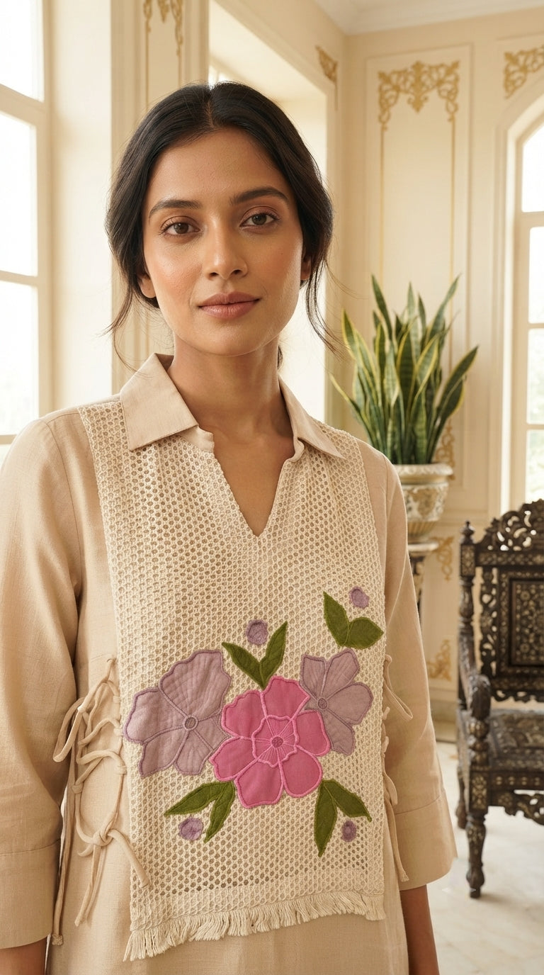 Women Beige Embroidered Cotton Top Bottom