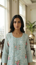 Women Sky Blue Embroidered Cotton Blend Kurta Pant Dupatta