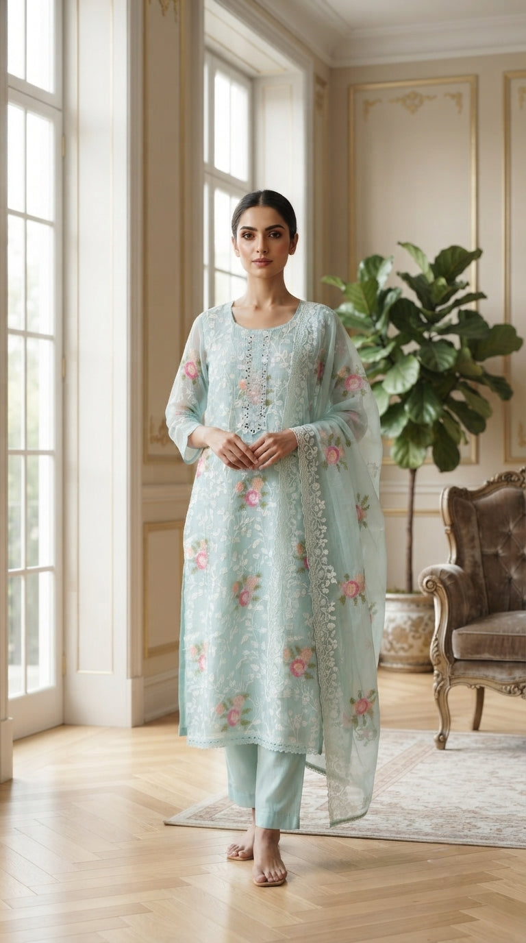 Women Sky Blue Embroidered Cotton Blend Kurta Pant Dupatta