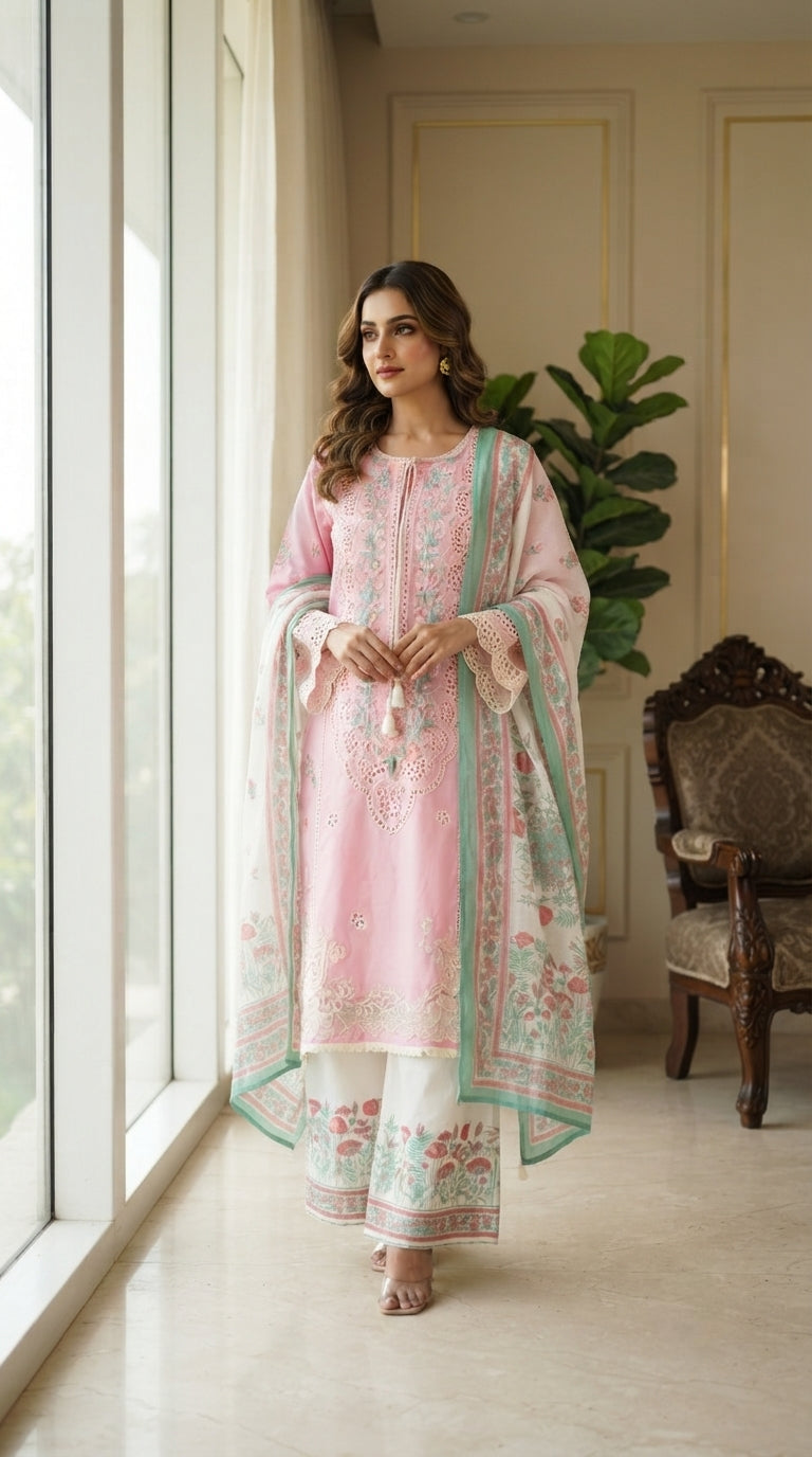 Women Pink Embroidered Cotton Kurta Palazzo Pant Dupatta