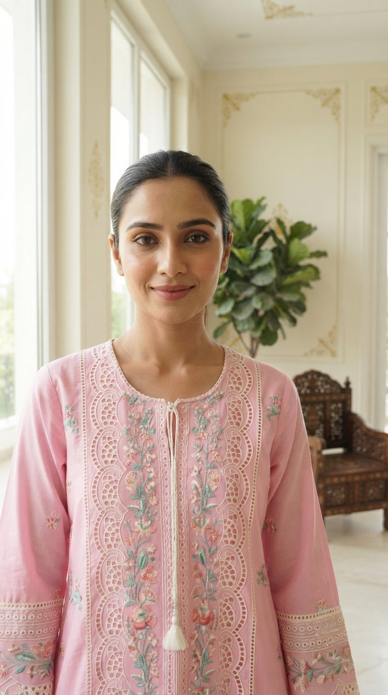 Women Pink Embroidered Cotton Kurta Palazzo Pant Dupatta