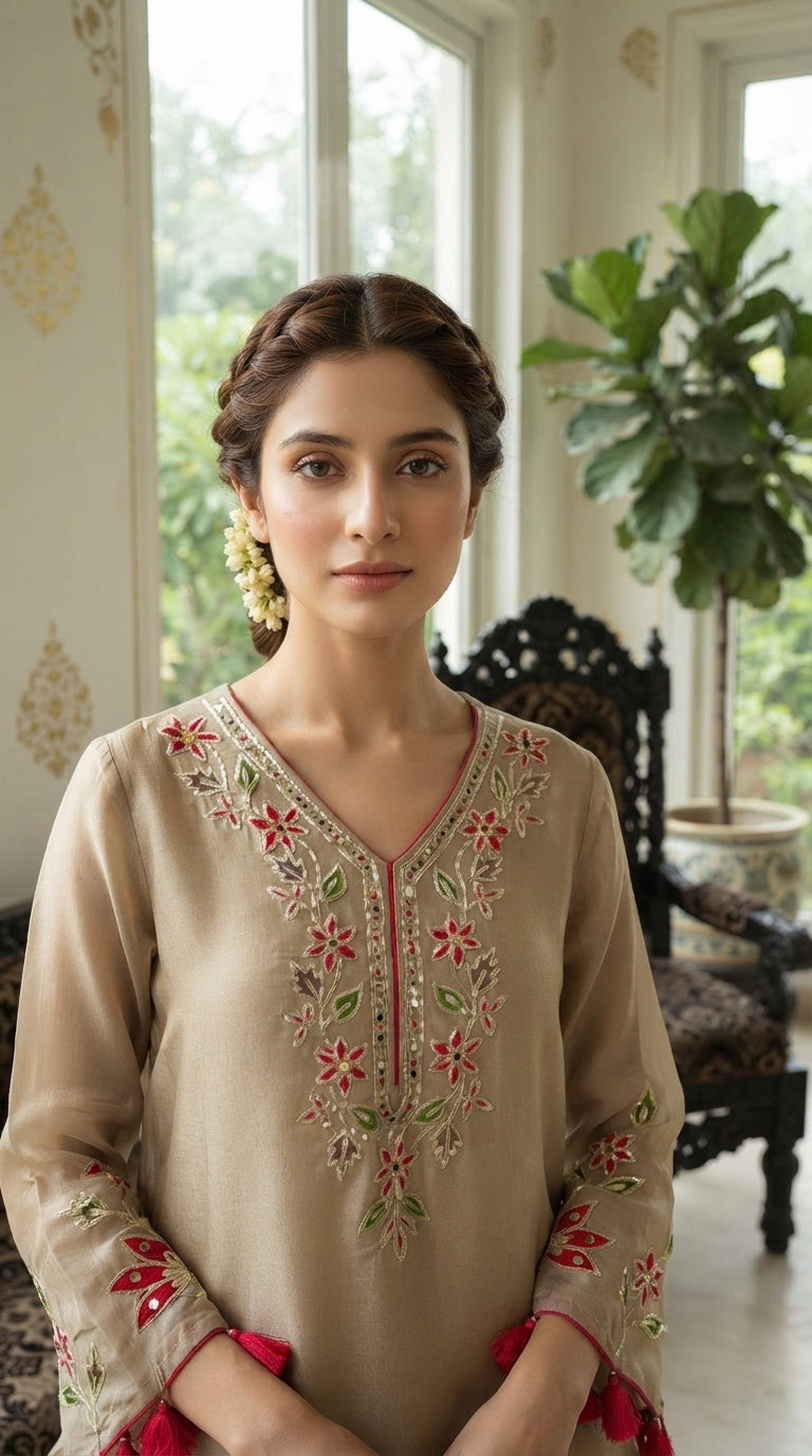 Women Beige Gota Patti Organza Kurta Pant Dupatta