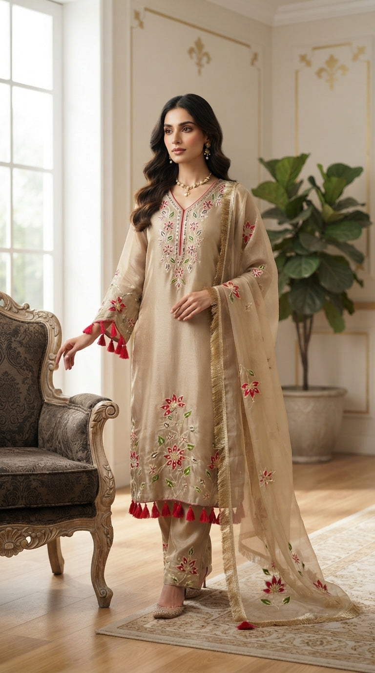 Women Beige Gota Patti Organza Kurta Pant Dupatta