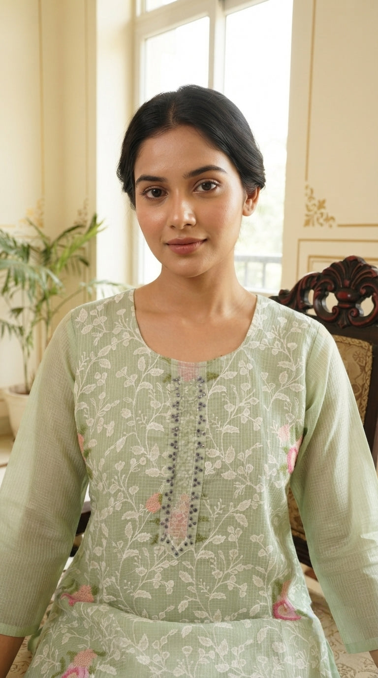 Women Green Embroidered Linen Kurta Pant Dupatta