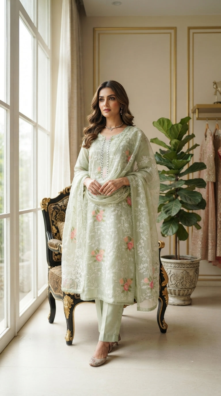 Women Green Embroidered Linen Kurta Pant Dupatta