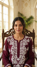 Women Maroon Chikankari Cotton Kurta Pant
